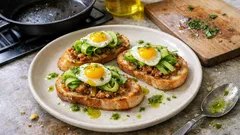 Křupavé crostini se škvarkovou pomazánkou, volským okem a chřestem